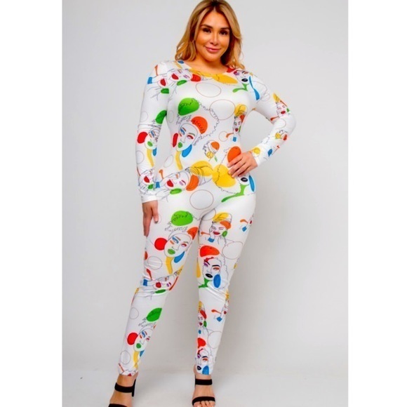 WHITE ROUND NECK LONG SLEEVE JUMPSUIT WITH FACE PRINT 2023 styles - Picture 1 of 5